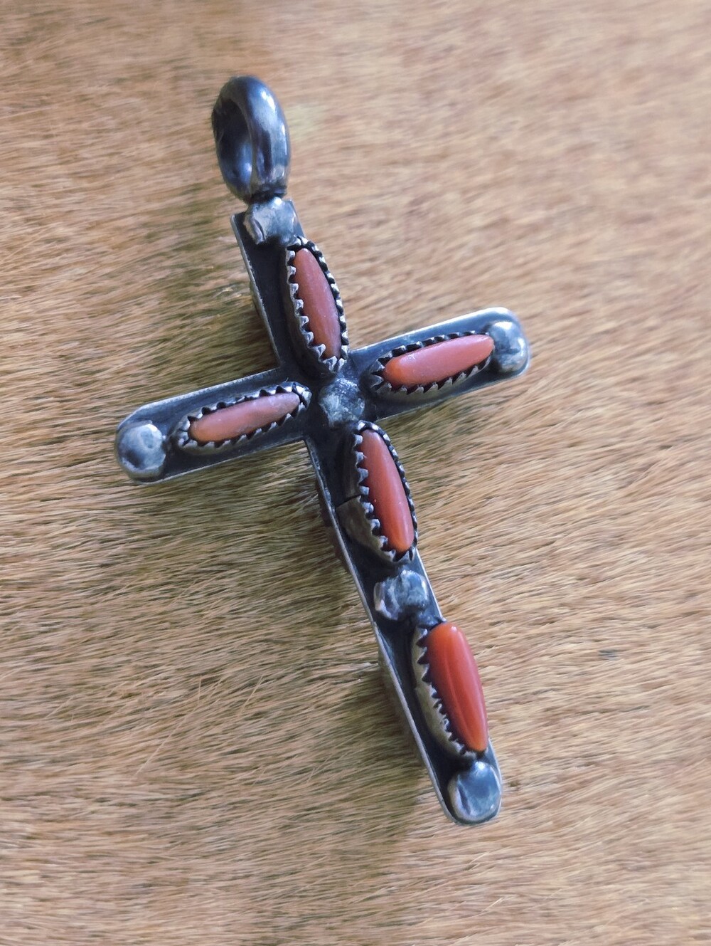 Vintage Zuni Double Sided Cross Pendant Turquoise And Coral Set In Sterling - Picture 3 of 9